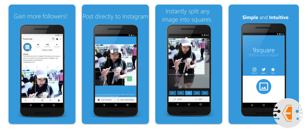 برنامج تقسيم الصور 9Square for Instagram هو تطبيق آخر سهل الاستخدام ومتخصص في تقسيم الصور على الانستقرام
